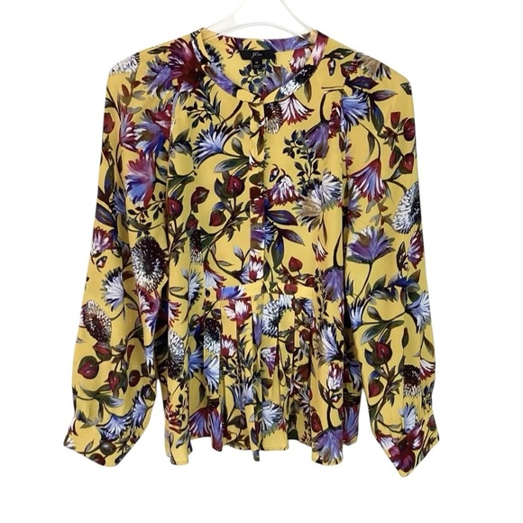 J. Crew Women’s Size Medium Golden Floral Silk Pleated Blouse Gold - Picture 1 of 9